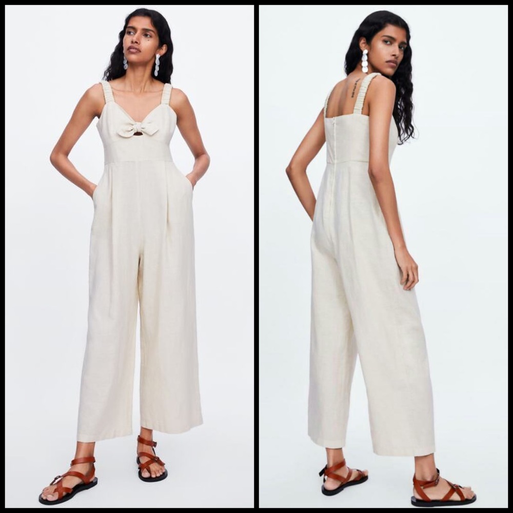 Zara Cream Linen Tie Front Jumpsuit Jumper Romper
